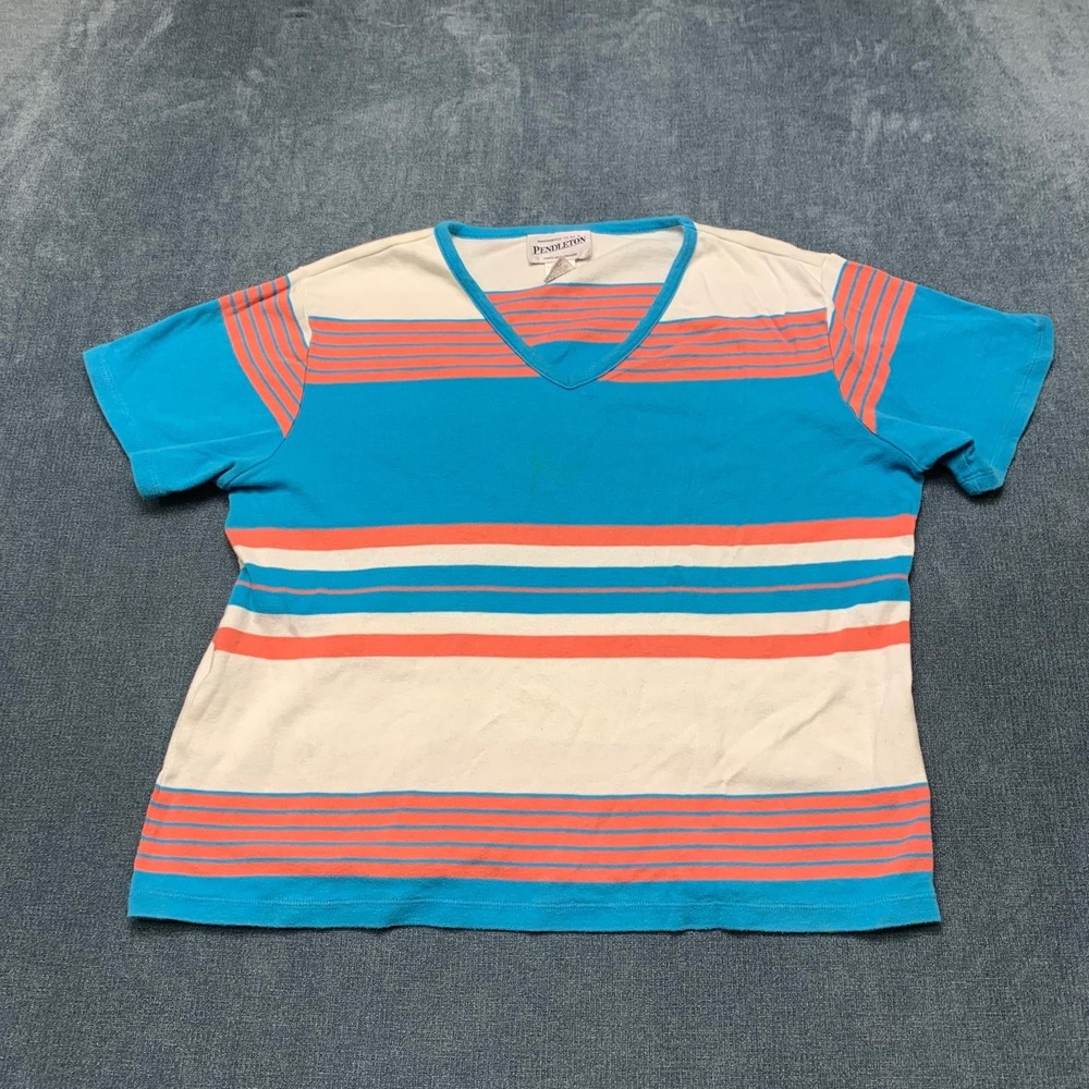 Pendleton Cropped T Shirt Womens Medium White Blue Striped Everyday Wear V Neck